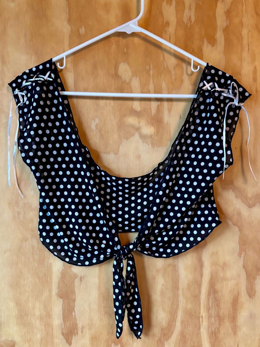Vintage Mesh Polka Dot Tie-Front Rogue Crop Top Lace up Shoulders-Festival Y2K